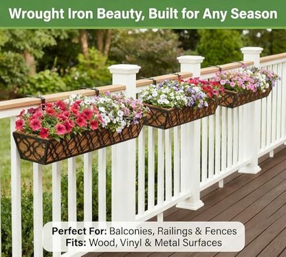 Y&M 36 Inch Window Deck Planter with Coco Liner, Metal Hanging Flower Boxes for Fence, Railing, Balcony, and Outdoor Garden Lawn – 4pcs - color: Flower 36in 4p
