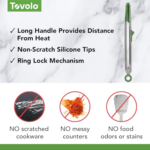 Tovolo Tongs With Silicone Tips Easy Grip 13” Long Kitchen Tongs Stainless Steel Handle For Cooking, Non Scratch Heat Resistant Locking Tongs Silicone Tipped Dishwasher Safe BPA Free, Pesto Green - color: Pesto