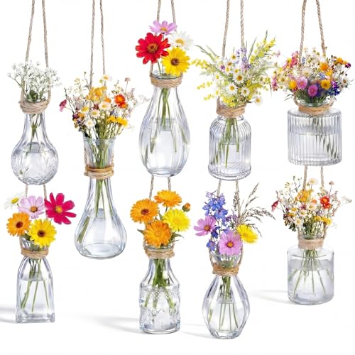 Set of 9 Glass Window Propagation Vases with Jute Rope Small Wall Propagation Vases Mini Vintage Embossed Flower Vase for Plant Lover Wedding Party Gift Hydroponic Garden Home Decoration