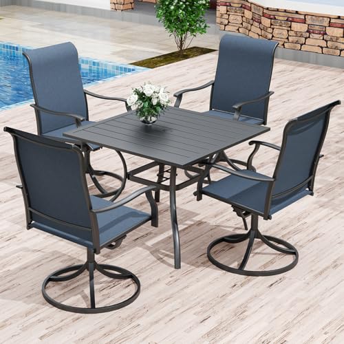 Anmutig 5 Piece Patio Dining Set, 35" Square Table & 4 Swivel Chairs, Blue | Weather-Resistant Textilene, Powder-Coated Steel Frame, Umbrella Hole, Easy Assembly, Balcony, Garden, Backyard, Poolside - color: Blue, size: Table-35"*35", style: Arm Style2