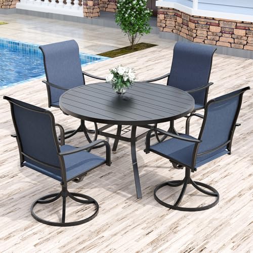 Anmutig Outdoor Dining Set for 4, 48" Round Table & 4 Swivel Chairs, Blue | Weather-Resistant Textilene, Powder-Coated Steel Frame, Umbrella Hole, Easy Assembly, Balcony, Garden, Backyard, Poolside - color: Blue, size: Table-48"*48", style: Arm Style1
