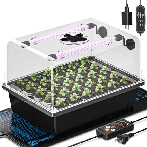 Hon&Guan 30-Cell Seed Starting Kit with Heat Mat and LED Grow Lights | 30-cell PP seedling tray, 5.3" dome with vents, dual LED bars, thermostat, self-watering, for Germination & Plant Propagation - size: 1 Pack
