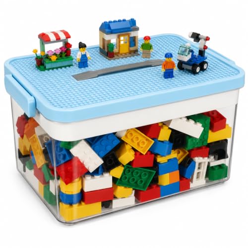 Building Block Storage Organizer Compatible with Lego Bricks, Clear Plastic Box with Building Baseplate Lid and Removable Tray, Stackable Small Parts and Bead Container for Kids, Playroom and Crafts