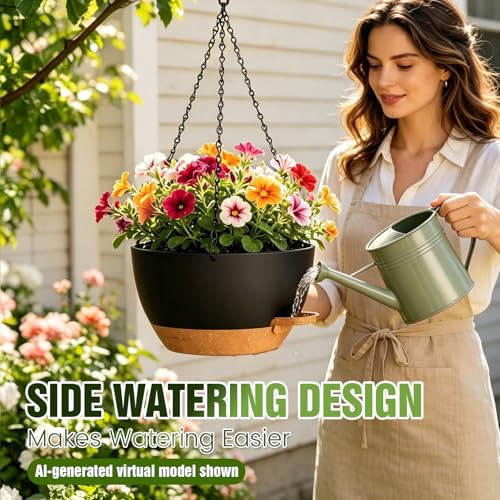 12 Inch Large Self Watering Hanging Planters 2 Pack with Saucers - color: Black Brown, size: 12 Inch 2 Pack