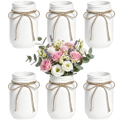 6Pcs White Mason Jar Glass Flower Vases for Centerpieces | Farmhouse Rustic Decorative Vases with Twine, Wedding & Home Table Decor, Multi-Purpose Vase Bulk, Floral Arrangements - color: White