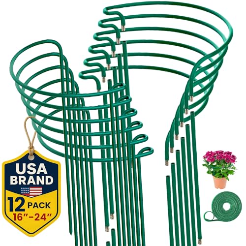 12 Pack Plant Support Stakes – Peony Cages and Supports –10"W x 16" – 24" H | Tall Plant Stakes for Indoor and Outdoor Gardens – Cage Rings for Potted Flowers, Peony, Hydrangea, and Rose Bush - size: 12 Pack