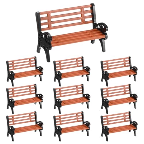 M METERXITY 10-Pack Miniature Park Bench Models, 1.7x1x1.2 Inch ABS Mini Village Garden Chair for Terrarium/DIY Micro Landscaping/Dollhouse, Train Platform Bench Figurines [Brown Black] - size: 1.7x1x1.2 Inch