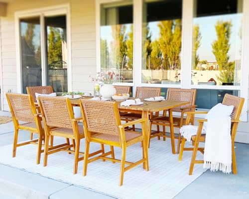 PHI VILLA Outdoor Dining Set, Acacia Wood Construction Teak 9 Piece - color: Bright Brown, size: 8 Seats