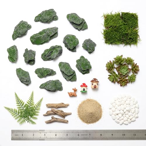 Miniature Moss Stones for Terrarium - Tree Bark Diorama Rocks for Miniature Terrain Display - Lightweight Reptile Habitat Decor - NOT for Aquarium Underwater Use - 24 Pcs Moss-Covered (1-2 inch) - style: 24P Moss Slate Rocks (Wooden)