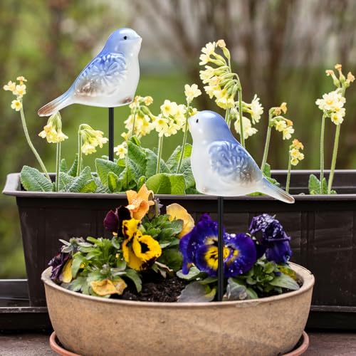 Sosation 2 Pcs Ceramic Bird Stakes, Mini Blue White for Flower Pot Bonsai
