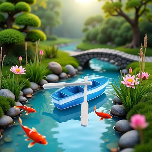 Set of Blue Mini Rowboat Mini Tiny Wooden Boat with Oars for Fairy Garden Kits for DIY Fairy Garden Dollhouse Decoration with Oars Canoe Model,Figurines Dollhouse Accessories Décor