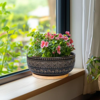 G EPGardening 8 Inch Ceramic Succulent Planter Pots for Indoor Plants Round Shallow Bonsai Planter Pot with Drainage and Bamboo Saucer, Black - color: Black