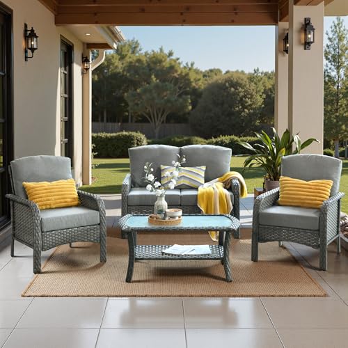 4 Piece Wicker Patio Furniture Set High Back, Dark Gray - color: Dark Gray, size: 4 Pcs Patio Set