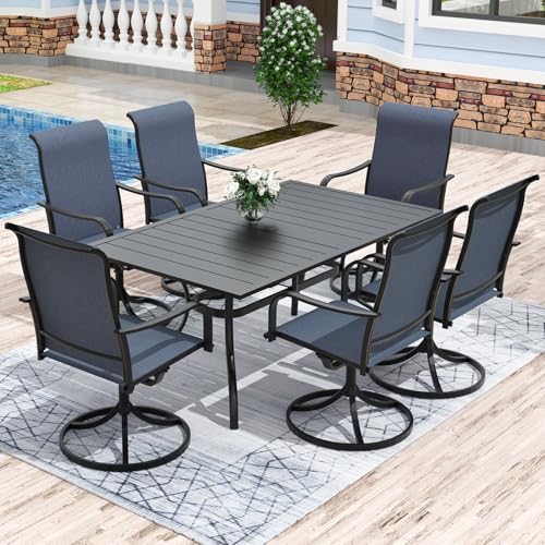 Anmutig Patio Dining Set for 6, 63" Outdoor Table & 6 Blue Swivel Chairs | Powder-Coated Steel Frame, Textilene Fabric, Rust Resistant, Quick Drying, Umbrella Hole Design, Backyard, Patio, Garden Use - color: Blue, size: Table-63"*38", style: Arm Style1
