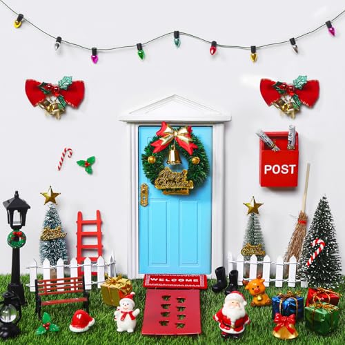 Celltestria 39pcs Blue Christmas Elf Fairy Door Decorations Sets | Miniature Figures Wooden Doors Santa Claus Snowman Kit for Xmas Mini Dollhouse Accessories House Room Wall Decor - color: Blue