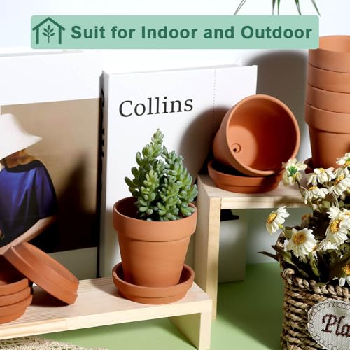3 Inch Terracotta & Clay Pots for Plant with Saucer, 12 Pack | Clay Flowerpot with Drainage, Nursery pot for succulents, cactus, herbs, seedlings, Crafts, Wedding Favors - color: Brown