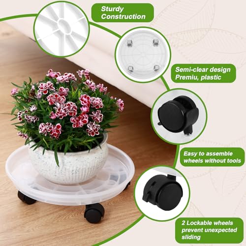 4 Packs Plant Caddy with Wheels 11.8" Plastic Rolling Plant Stands Heavy-duty Plant Dolly with Casters Indoor Outdoor Wheeled Plant Roller Base Large Planter Saucers Plant Mover - color: Clear white