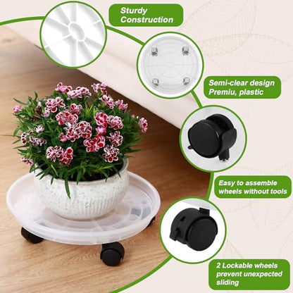 4 Packs Plant Caddy with Wheels 11.8" Plastic Rolling Plant Stands Heavy-duty Plant Dolly with Casters Indoor Outdoor Wheeled Plant Roller Base Large Planter Saucers Plant Mover - color: Clear white