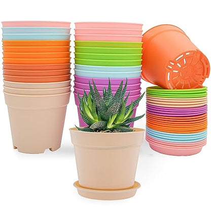 SwinDuck 4 inch Plant Pots, 28 Pack Small Plastic Planters with Drainage Holes and Saucers for Flowers Plants, Succulents, Seed Starting Pots, Colorful - color: Colorful