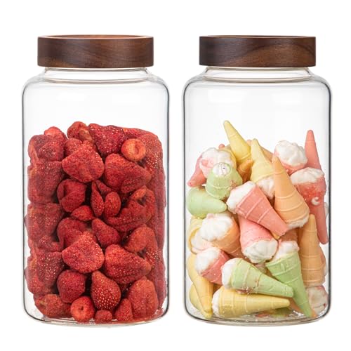 Large Glass Coffee Jars Round Storage Canister with Wooden Lid Clear Glass Food Jar for Pantry Sugar Tea Coffee Bean Spice Nuts Cookies Bath Salts - color: 2300ml/77oz-2PACK