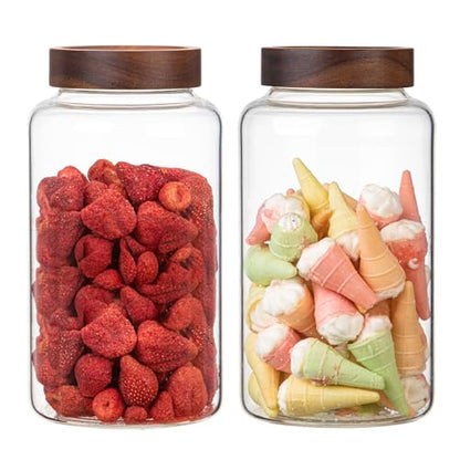 Large Glass Coffee Jars Round Storage Canister with Wooden Lid Clear Glass Food Jar for Pantry Sugar Tea Coffee Bean Spice Nuts Cookies Bath Salts - color: 2300ml/77oz-2PACK