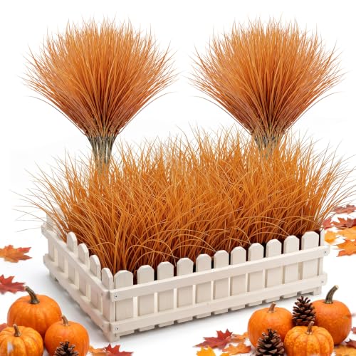 RECUTMS 12Pcs Artificial Fall Plants Outdoor UV Resistant Faux Monkey Grass - color: Brown Grass