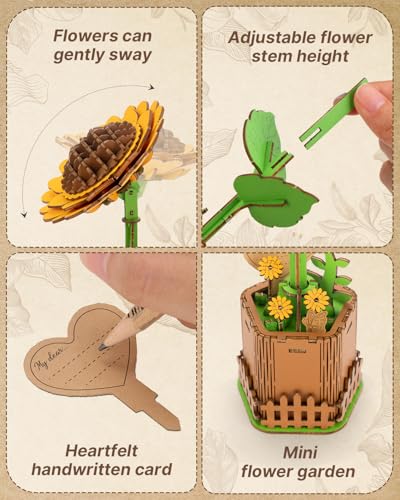 Kaayee 3D Wooden Flower Puzzles Sunflower, Wood Flowers Craft for Adults | Forever Flower Kit Set DIY Crafts to Build, Mother's Day/Botanical Collection/Ideal Creative Gift Ideas/Housewarming 83 PCS - color: Sunflower