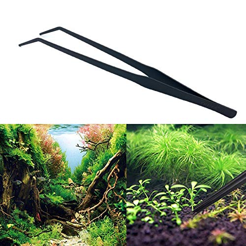 FRUTA Aquarium Tweezers Stainless Steel Curved Tweezer with Carbonation Protection Coating Against Rust Long Reptiles Feeding Tongs for Aquatic Plants Spider Snakes Lizards, 15 inch - Black Curved