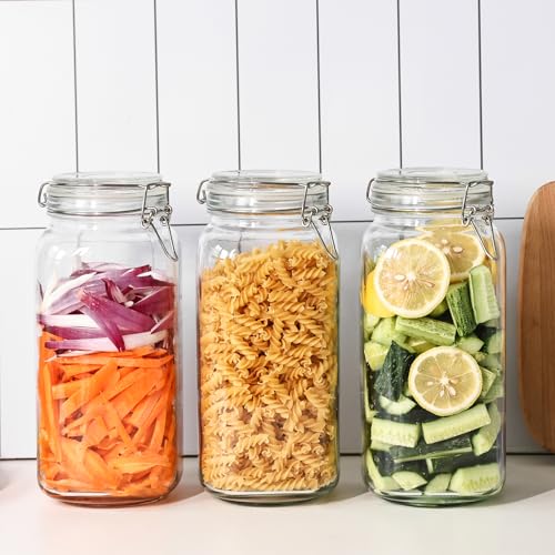 Liuruiyu 78oz Glass Food Storage Jars with Airtight Clamp Lids, 3 Pack Wide Mouth Large Kitchen Canisters for Flour, Cereal, Beans, Pasta and Canning, Square Mason Jar with Labels