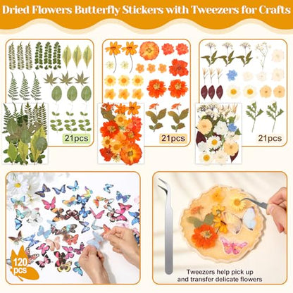 318 PCS Pressed Flowers Butterfly Stickers for Craft, Real Dried Pressed Flowers Bulk Natural Dry Flowers Floral with DIY Butterfly Stickers Tweezers for Art, Resin Mold, Candles, Soap, Jewelry Making - color: 318 Pcs Pressed Flowers Butterfly Stickers