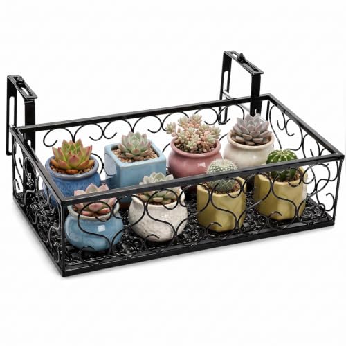 Tosnail Metal Plant Holders for Indoor Outdoor Railings, 16 x 8 Inch Fence Plant Stand with Adjustable Hanger Hook, Hanging Flower Baskets for Porch, Balcony, Stair Railing, Black