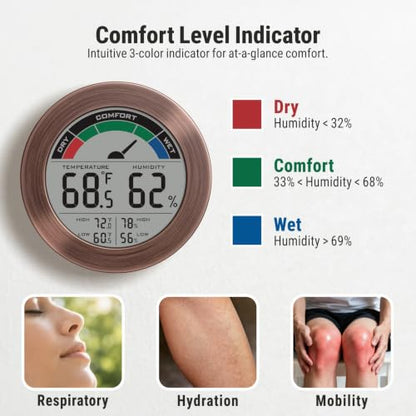 Digital Hygrometer Indoor Thermometer, Brushed Metal Frame, Bronze | Large round display, clear digits, accurate readings, comfort gauge, humidity meter, room temperature and humidity monitor - color: Bronze