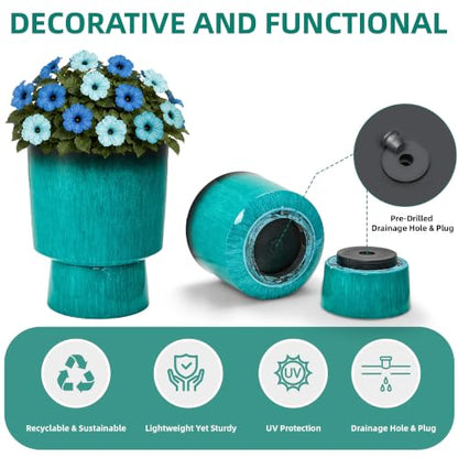 16.8" Planters for Outdoor Plants, Large Urn Flower pots S/2 - color: 16.8"-teal Glazed & Black Rim