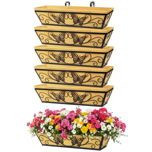 6 Pack 24 Inch Window Boxes Planter for Outdoor Plants Deck Railing Planters Box with Adjustable Brackets for Porch Fence Balcony Hanging Flower Baskets with Liner for Garden Décor - Black - color: Black, size: 24 Inch - 6 Pack