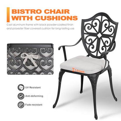 NUU GARDEN Outdoor 3-Piece Bistro Set with Cushions, Round 24 Inch Cast Aluminum Bistro Table with 2.17" Umbrella Hole, 2 Cast Aluminum Bistro Chairs, for Patio, Garden, Backyard and Balcony, Black - color: Bistro With Gray Cushion