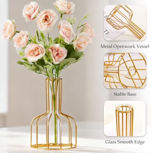 Metal Glass Plant Vase with Stand, Modern Decorative Glass Tube Planter for Tabletop, Home or Office Water Display Flower Vase