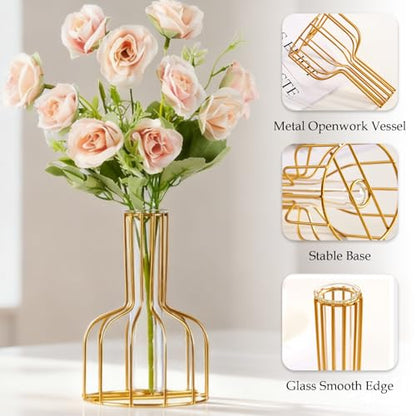 Metal Glass Plant Vase with Stand, Modern Decorative Glass Tube Planter for Tabletop, Home or Office Water Display Flower Vase