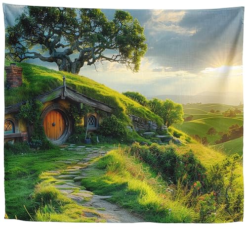 Hobbiton Tapestry Green Hill Round Door Cottage for Ring Lord Fans 60x50 | A sunlit Hobbiton cottage with a round door, grass roof, and green hills for Ring Lord fans, bedrooms, and reading corners. - color: Green