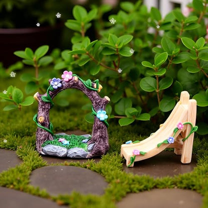 Kai Dream Miniature Fairy Garden Accessories Set, 2 Piece Resin Decorative Landscape Kit with Arch and Slide, Floral Garden Ornaments - style: Arch, Slide Set