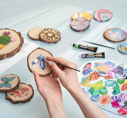 ARTEZA Natural Wood Slices, 3.5-4 Inch Diameter, Set of 25, Brown Round Pine Wood Discs with Bark for Crafts, Christmas Ornaments, Centerpieces - size: M