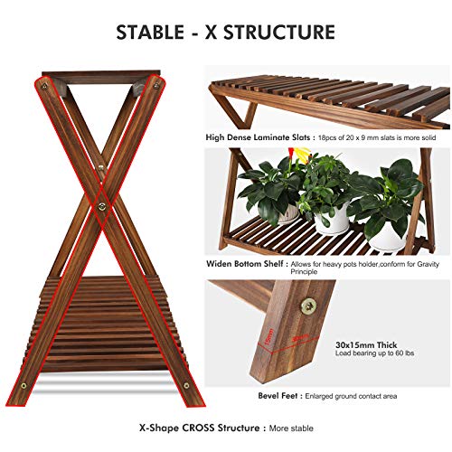 Wood Plant Stand Shelf Indoor Outdoor 2 Tier Plant Bench Corner | Stepped Flower Stand Plant Table Planter Shelf Holder Rack in Patio Balcony Entryway Porch Livingroom (Classic X-Cross )
