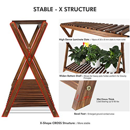 Wood Plant Stand Shelf Indoor Outdoor 2 Tier Plant Bench Corner | Stepped Flower Stand Plant Table Planter Shelf Holder Rack in Patio Balcony Entryway Porch Livingroom (Classic X-Cross )
