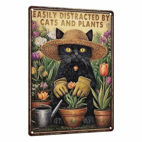 PEACHGARDEN Funny Cat Signs, Metal Garden Signs for Outside, 8x12 Inch | Easily Distracted by Cats and Plants artwork for cat garden decor, patios, greenhouses, sheds, kitchens, and plant rooms. - color: Funny Cat Signs, size: 20X30cm(12*8in)