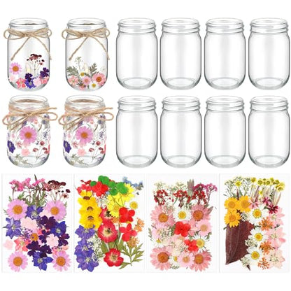 Tinideya 154 Pcs DIY Pressed Flowers Mason Jar Set Pressed Flower Lanterns 12 Mason Jar 140 Natural Real Dried Flower Centerpiece Making Favor for Wedding Craft
