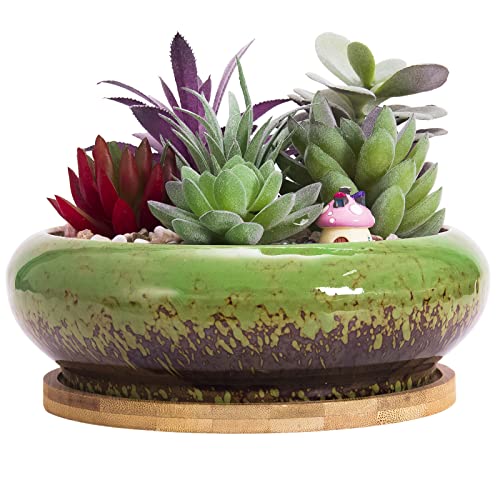 Bonsai Pots, Large Succulent Pots with Drainage, Ceramic Pots for Plants | Ceramic Plant Pots Indoor Shallow Cactus Pot Glazed Flower Plant Container Bowl - color: Green