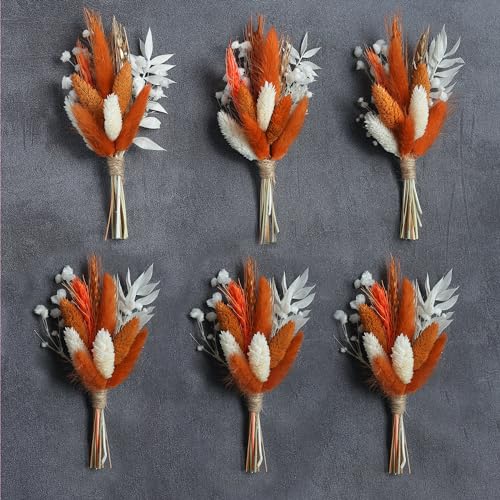 Mini Dried Flower Bouquet (Pack of 6), Fall Dried Flower Bouquet, boutonnieres for Groom and Groomsmen. (Orange) - color: Orange