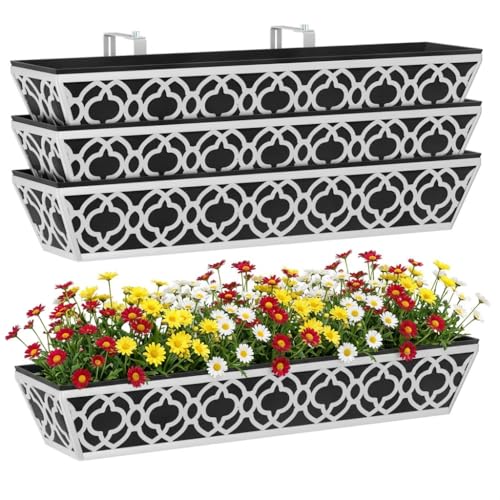 Y&M 30'' Hanging Railing Planter Box Set with Black Non-Woven Fabric Liner, 4 Pcs Large Metal Flower Boxes with Adjustable Brackets for Balcony, Deck, Fence, and Garden - Gray - color: Flower 30in 4p-gray