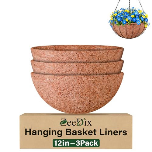 ZeeDix 3 Pack 12 Inch Coconut Liners for Planters, Round Hanging Basket Liners 100% Natural Coco Coir Basket Coco Replacement Liner for Hanging Baskets Flowers Vegetables Patio Balcony Garden Decor - size: 12inch