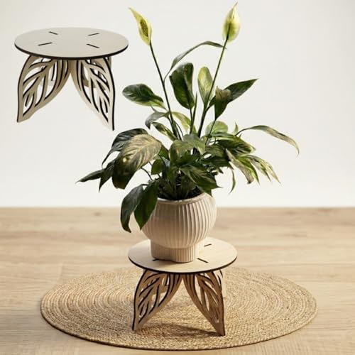 7.9" Wooden Plant Stand, Mid Century Modern Flower Pot Pedestal, Boho Leaf Carved Indoor Small Plant Holder, Round Wood Risers for Plants, Succulent Display Rack for Tabletop Decor