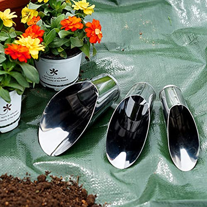 Bonsai Soil Scoop Metal 3 Pcs Set (Large, Medium, Small) Stainless Steel Garden Hand Soil Scooper, Professional Bonsai Tool Kit, Silver